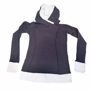 Lululemon Striped Hooded Pullover Size 6 Black / White Cotton Lined Zip Pocket